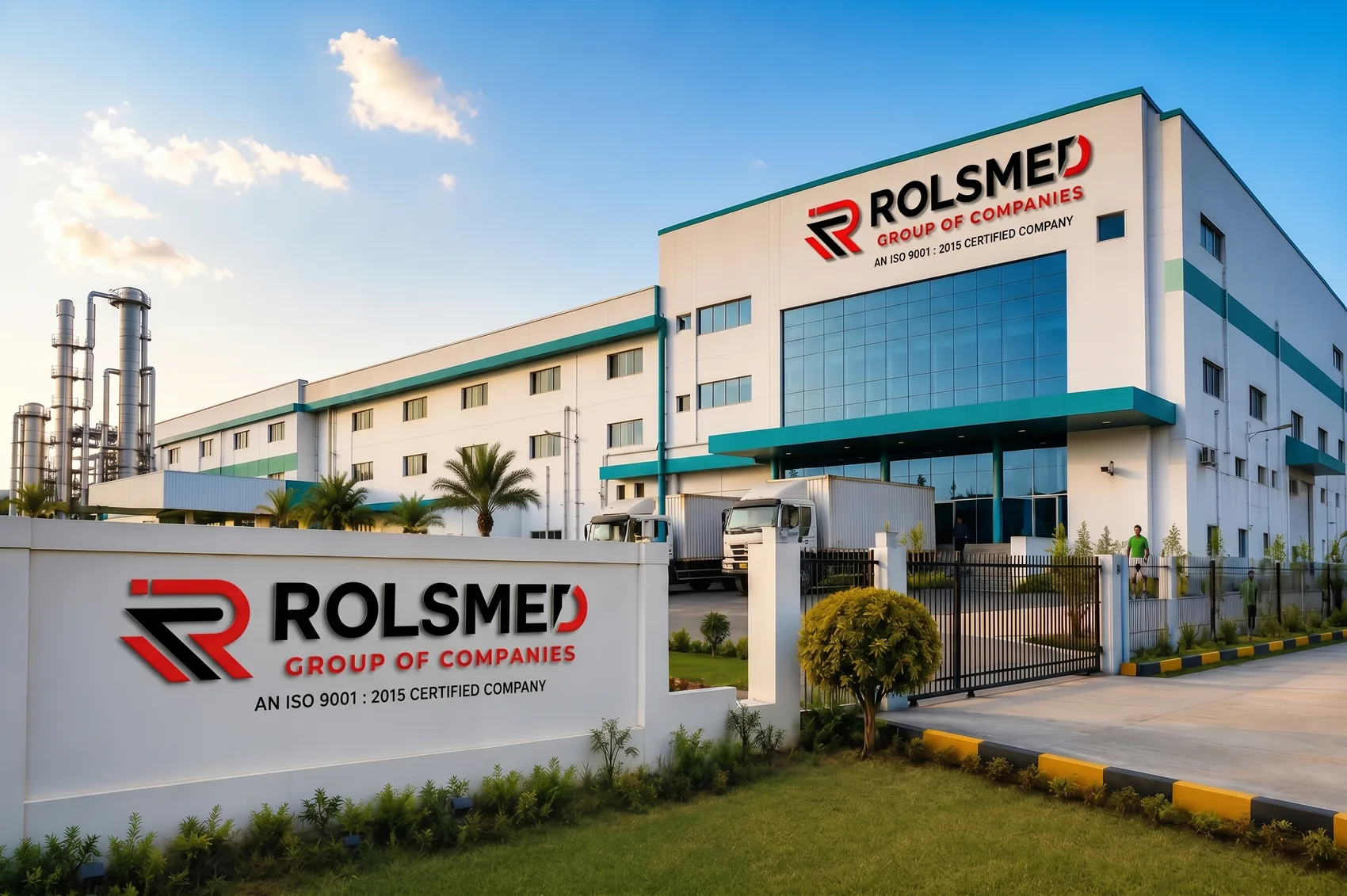 Rolsmed Group manufacturing facility with the company signboard at the gate
